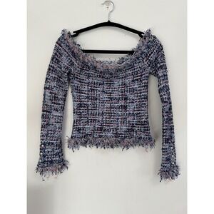 ZARA Tweed Off Shoulder Long Sleeve Frayed Pearl Button Top Old MOney Stretch SM